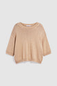 A beige, short-sleeve knit sweater with a col rond neckline and ribbed hems, featuring a loose fit and laid flat on a white background.