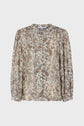 Sheer, long-sleeve blouse with a round neckline and a muted abstract pattern in beige, brown, and olive tones. The blouse has a loose fit and subtle pleats on the shoulders and cuffs.