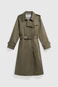 Olive green trench coat with double-breasted buttons, a belted waist, and buttoned cuffs in a coupe droite cintrée silhouette, displayed on a white background.