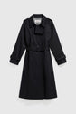 A black, double-breasted trench long coat in coton uni with a belt at the waist, buttoned front, and cuffed sleeves, designed as a manteau femme and displayed on a plain white background.