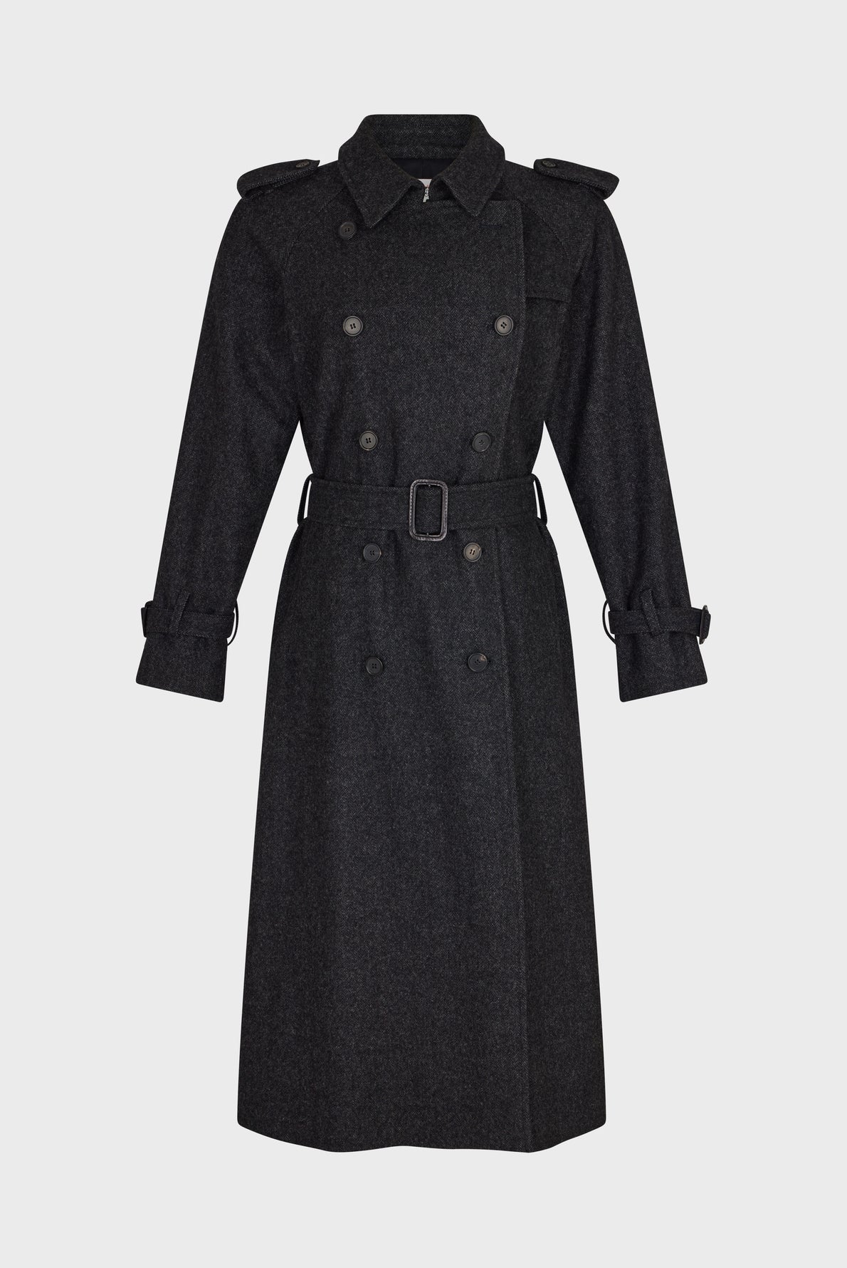 A long, dark gray trench à chevron double-breasted trench coat with a belt, shoulder epaulettes, and buttoned cuffs, displayed on a plain white background—this élégant manteau laine femme is the perfect blend of timeless style and sophistication.