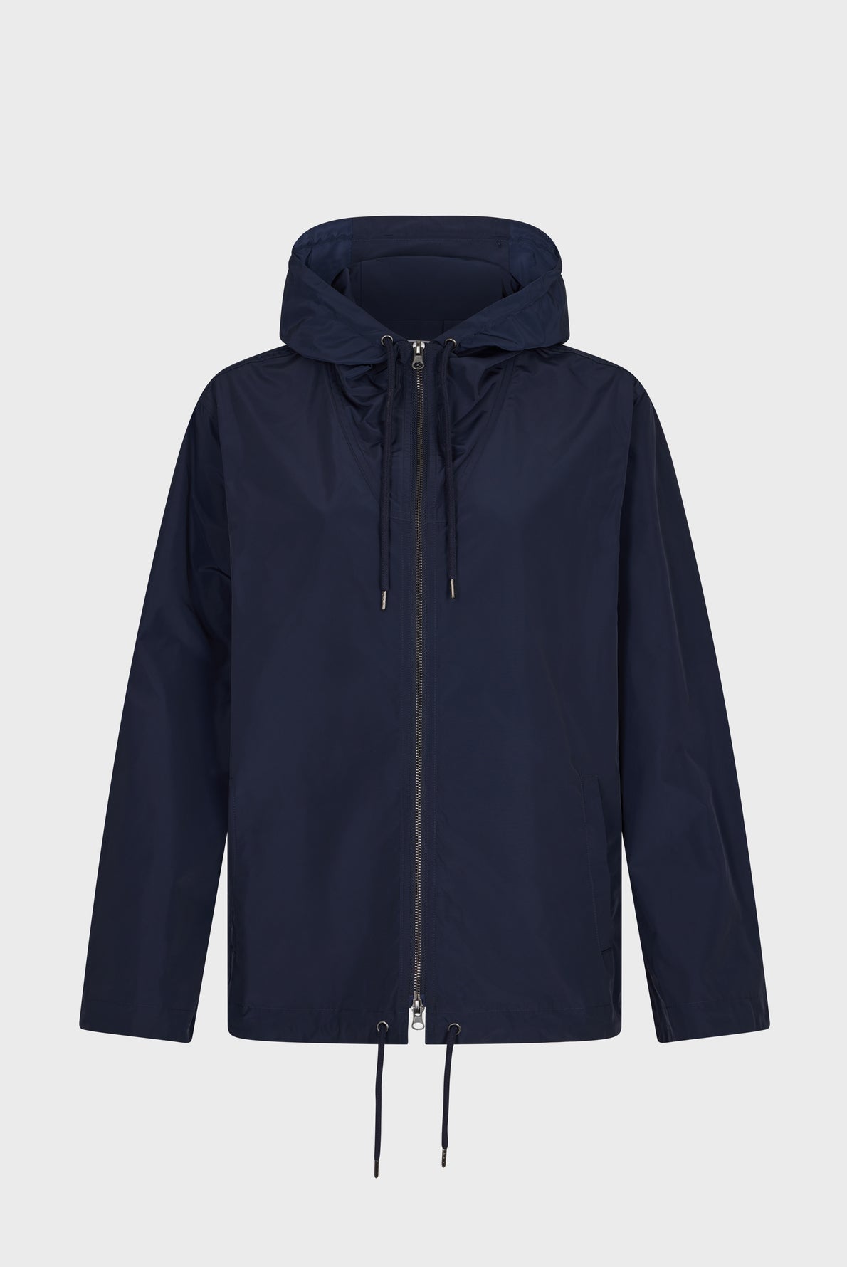 Navy blue parka courte with a capuche, crafted from polyester technique, featuring a front zipper, drawstrings at the hood and hem, and long sleeves, displayed on a plain white background.