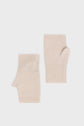 A pair of light beige, knit, fingerless gloves—also known as mitaines—is laid flat on a white background. Crafted for comfort, the gloves feature ribbed cuffs and openings for the thumb, making them a cozy choice for everyday wear.