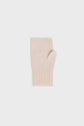 A single beige, fingerless knit glove, reminiscent of classic mitaines, is shown flat against a plain, light gray background.
