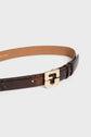 A brown ceinture en cuir featuring an effet python snakeskin pattern and a shiny gold rectangular buckle, this Gerard Darel belt is displayed on a plain white background.