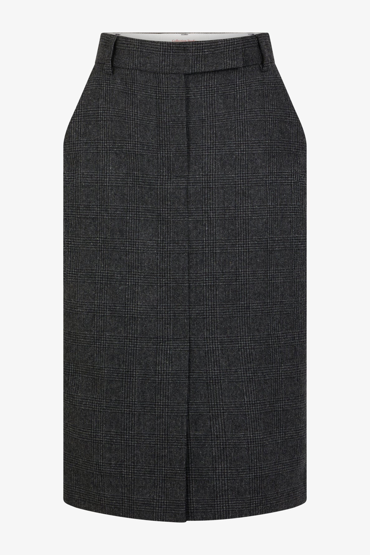 A knee-length, high-waisted grey plaid pencil skirt with belt loops and a front pleat, featuring a classic motif Prince-de-Galles, is shown on a plain white background.