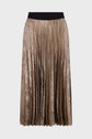 A gold metallic pleated midi skirt with a black waistband, displayed against a plain white background.