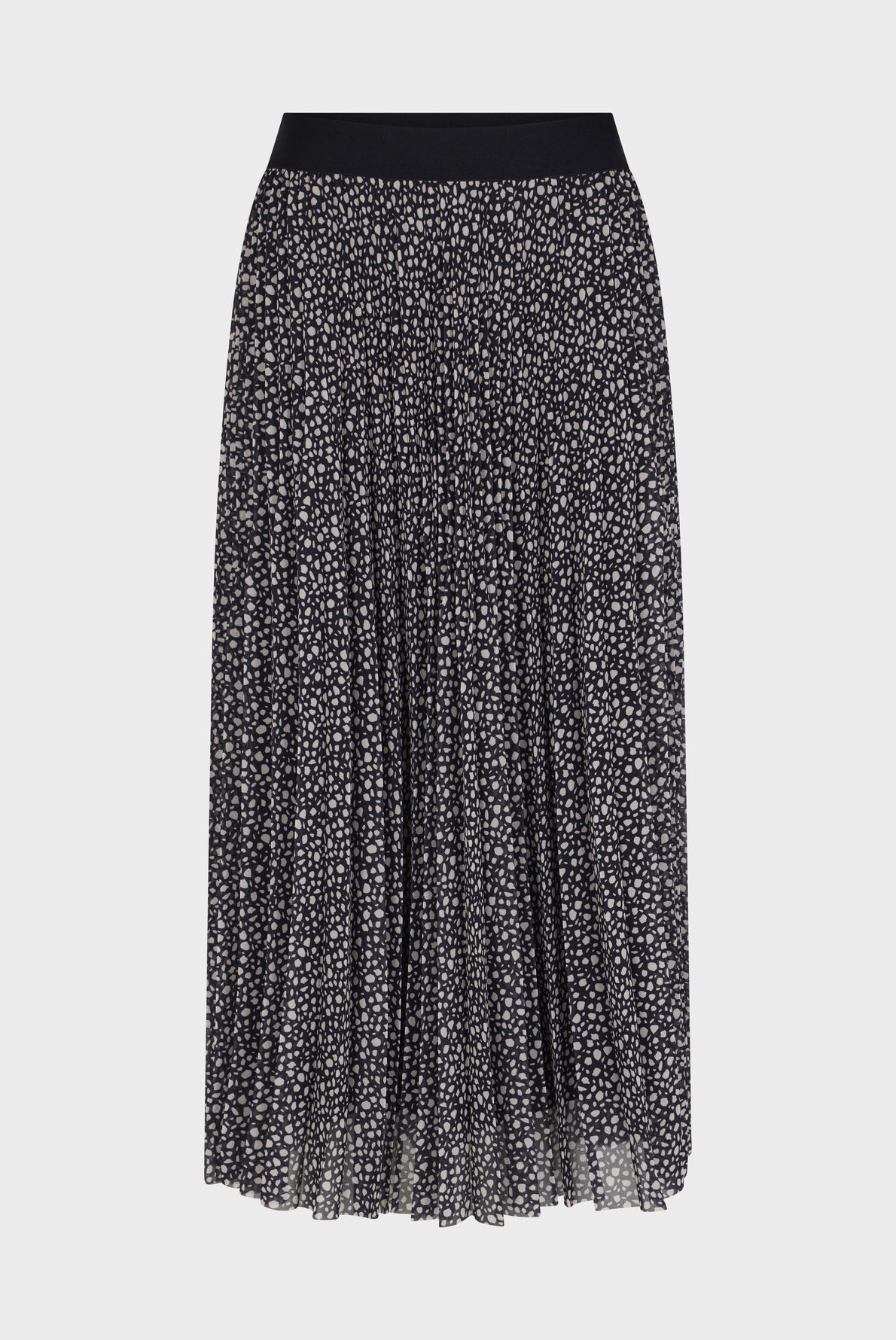 A black pleated midi skirt with a white floral print and an elastic waistband, displayed against a plain white background.