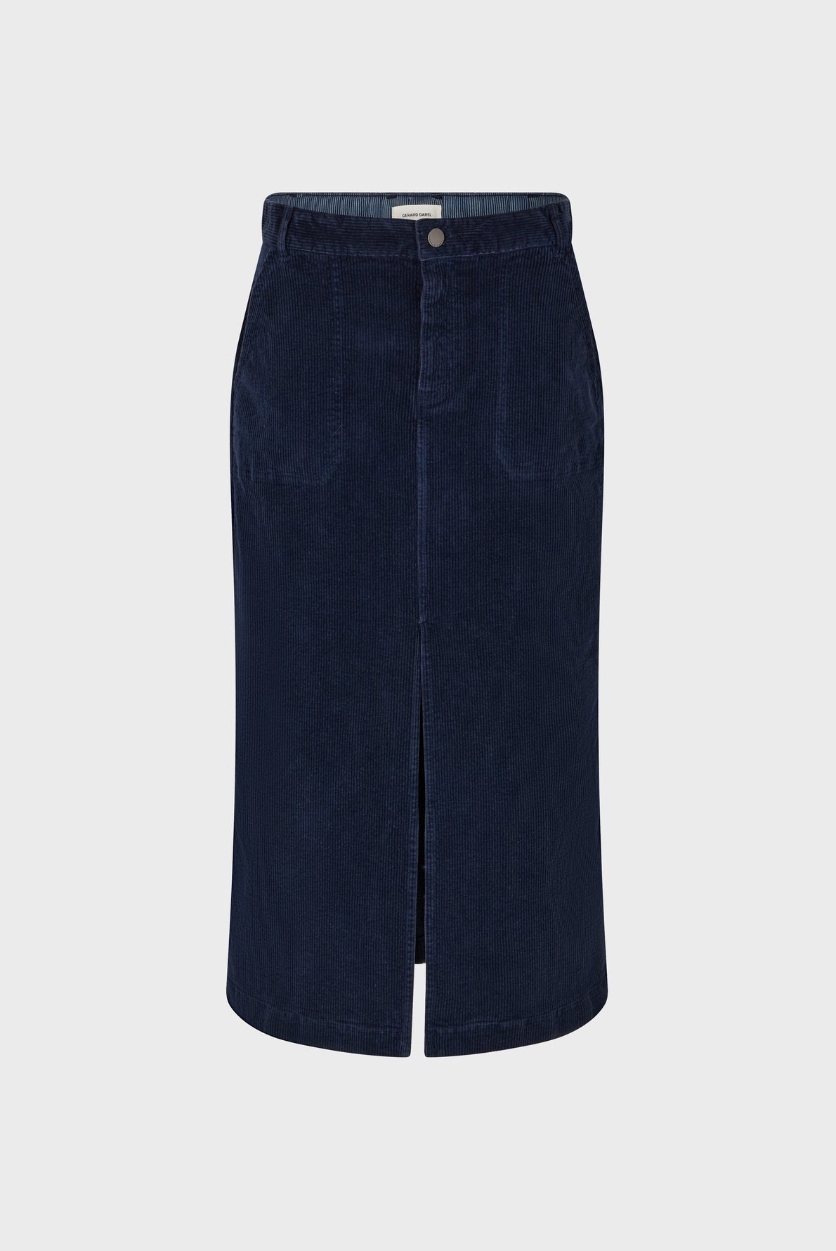 A navy blue corduroy skirt with front patch pockets and a front slit, displayed on a plain white background.