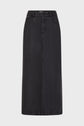 A black, high-waisted, ankle-length jupe midi en denim with front pockets, a button and zip closure, and subtle seam detailing is displayed on a plain white background. Crafted from denim souple for added comfort, this skirt offers understated elegance for versatile styling.