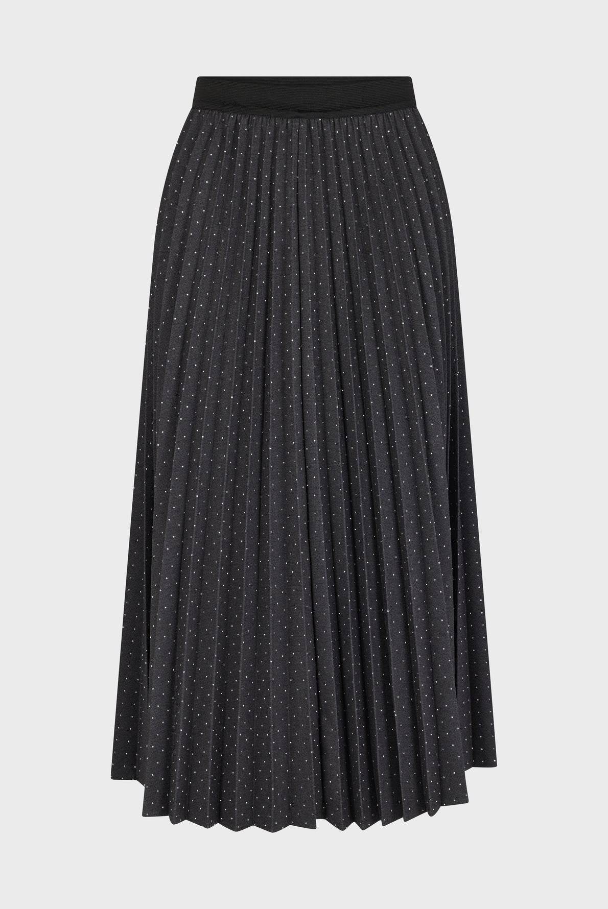 A black pleated midi skirt with a subtle small white dot pattern, displayed against a plain white background.