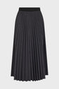 A black pleated midi skirt with a subtle small white dot pattern, displayed against a plain white background.