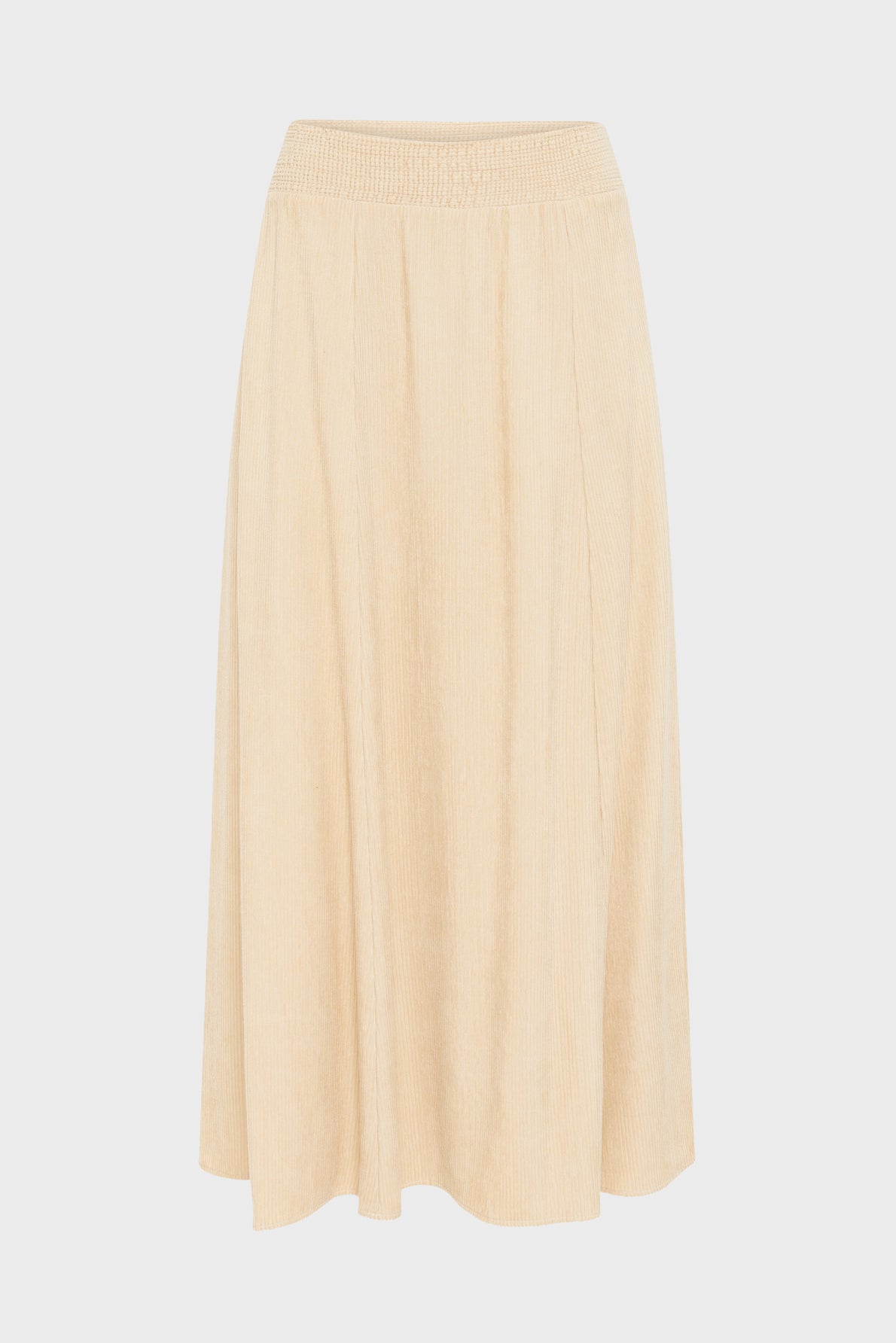Beige, knee-length, A-line skirt with a smocked waistband, crafted from lightweight, textured fabric reminiscent of the elegance of a jupe midi velours, displayed on a plain white background.