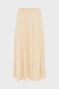 Beige, knee-length, A-line skirt with a smocked waistband, crafted from lightweight, textured fabric reminiscent of the elegance of a jupe midi velours, displayed on a plain white background.