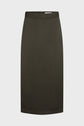 A dark olive green, knee-length pencil skirt with a fitted waist and a subtle sheen, displayed against a plain white background.