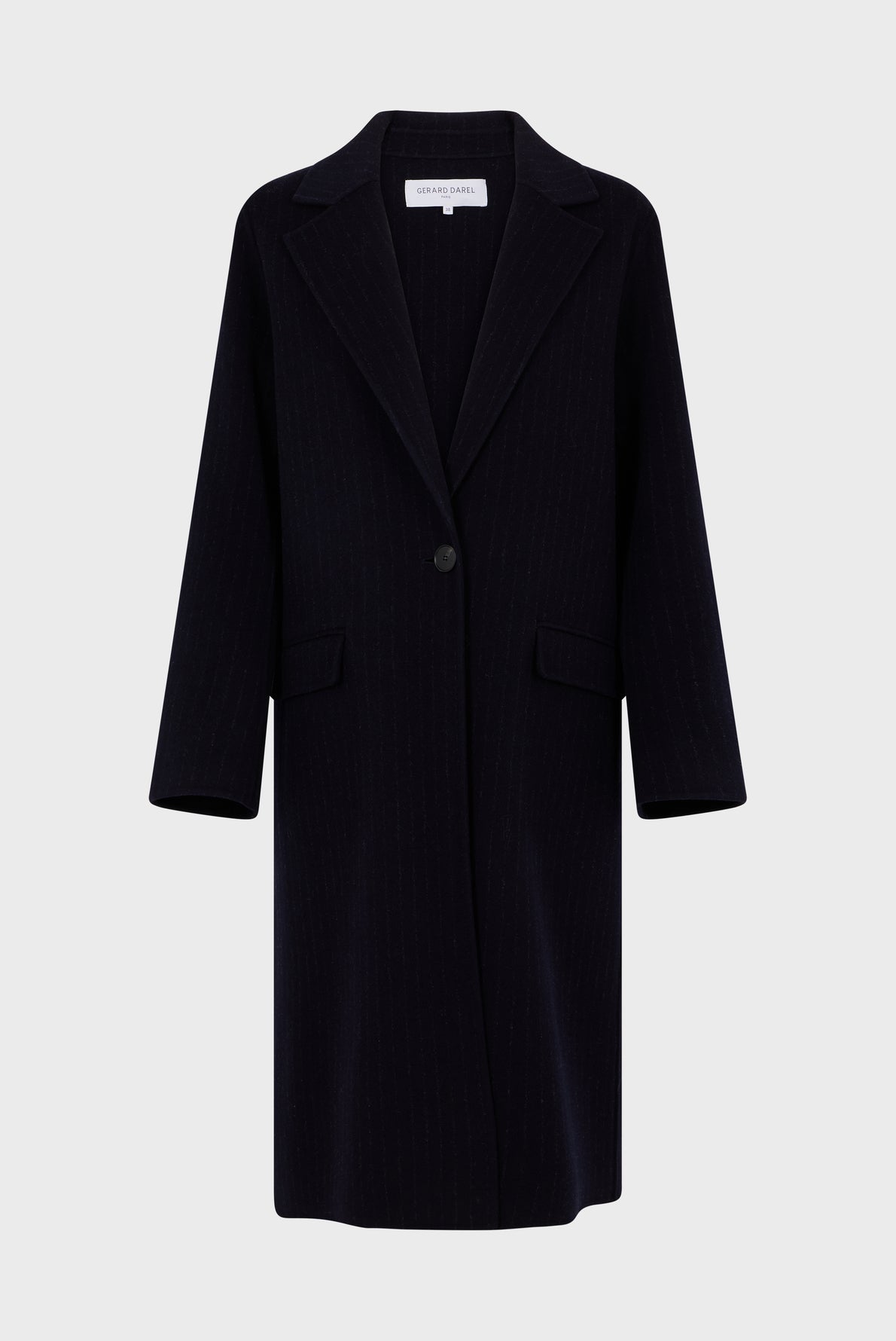 A long, black, single-breasted manteau droit with a notched lapel, one button closure, and two front flap pockets, displayed on a plain white background.