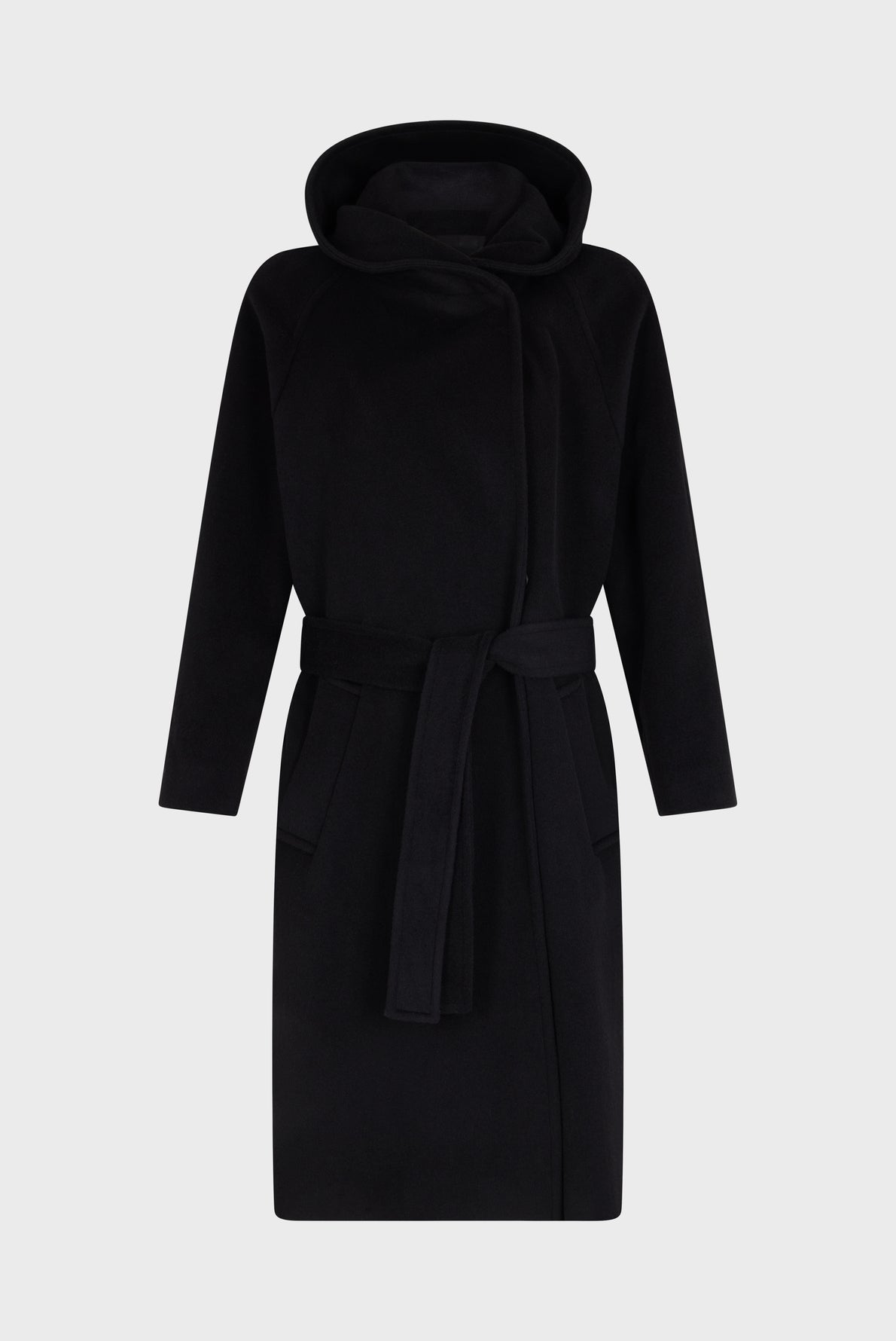 Black hooded coat with long sleeves, a belted waist reminiscent of a manteau ceinturé, and two front pockets, displayed on a plain light gray background.