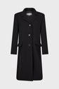 A black, knee-length wool coat—ideal as a manteau mi-long femme—features three buttons, a notched collar, and two front flap pockets, displayed against a plain white background.