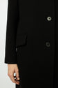 A close-up of a person wearing a black manteau droit with two visible buttons and a flap pocket. The person’s left hand is relaxed at their side. The background is plain and light-colored.
