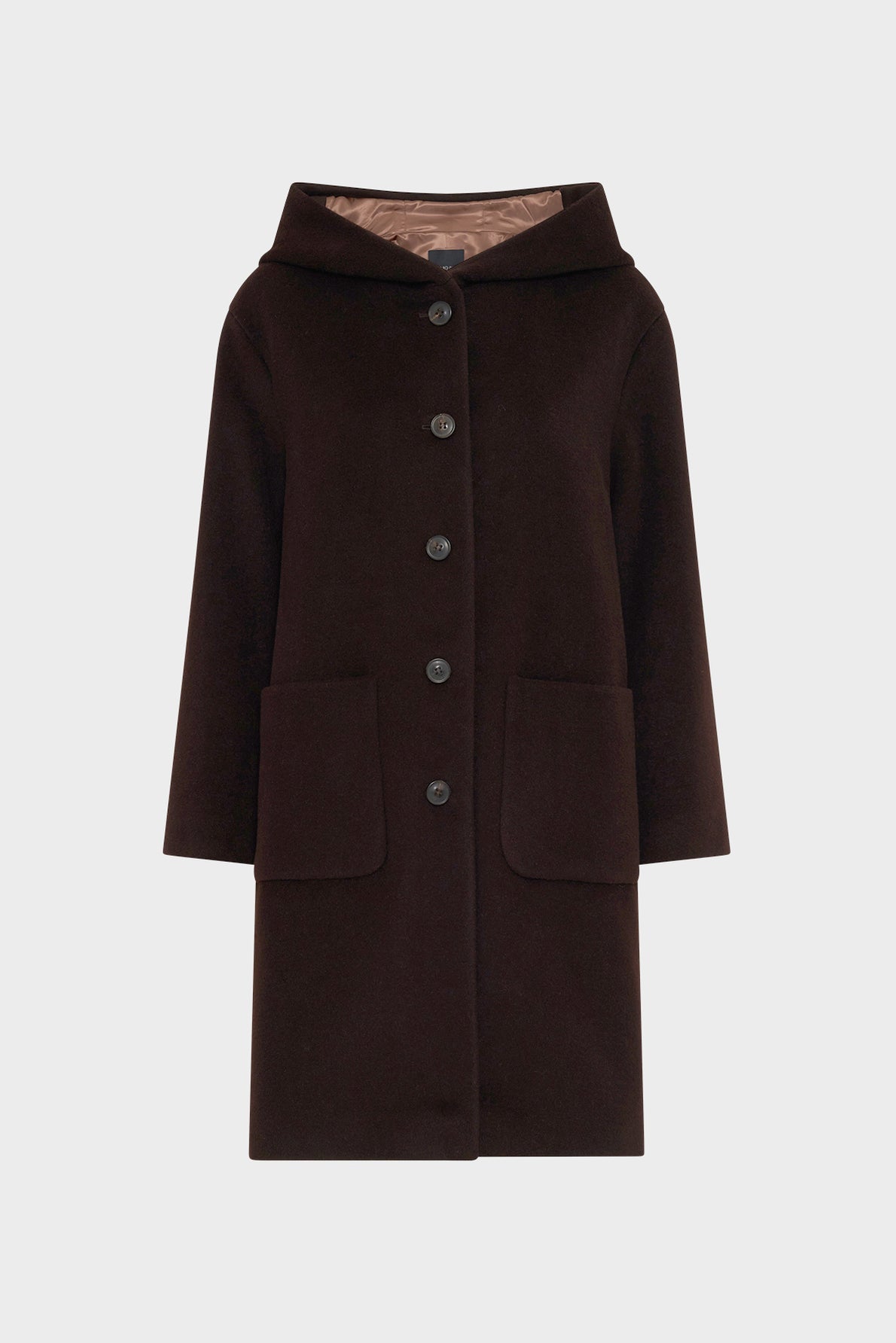 A black, knee-length manteau à capuche with long sleeves, front buttons, two large front pockets, and a hood, crafted from wool-blend fabric and displayed on a plain white background.