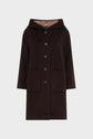 A black, hooded, knee-length manteau à capuche with large front pockets and buttons down the center, displayed on a plain white background.