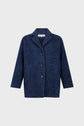 A navy blue, textured manteau à chevrons with three black buttons, wide lapels, and long sleeves, displayed on a plain light gray background.