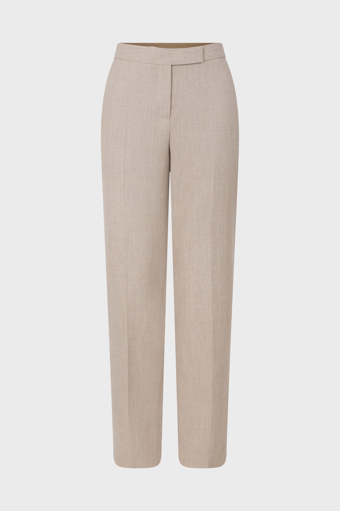 Beige high-waisted tailored trousers with a straight leg, front crease, and a concealed front closure, displayed against a plain white background.