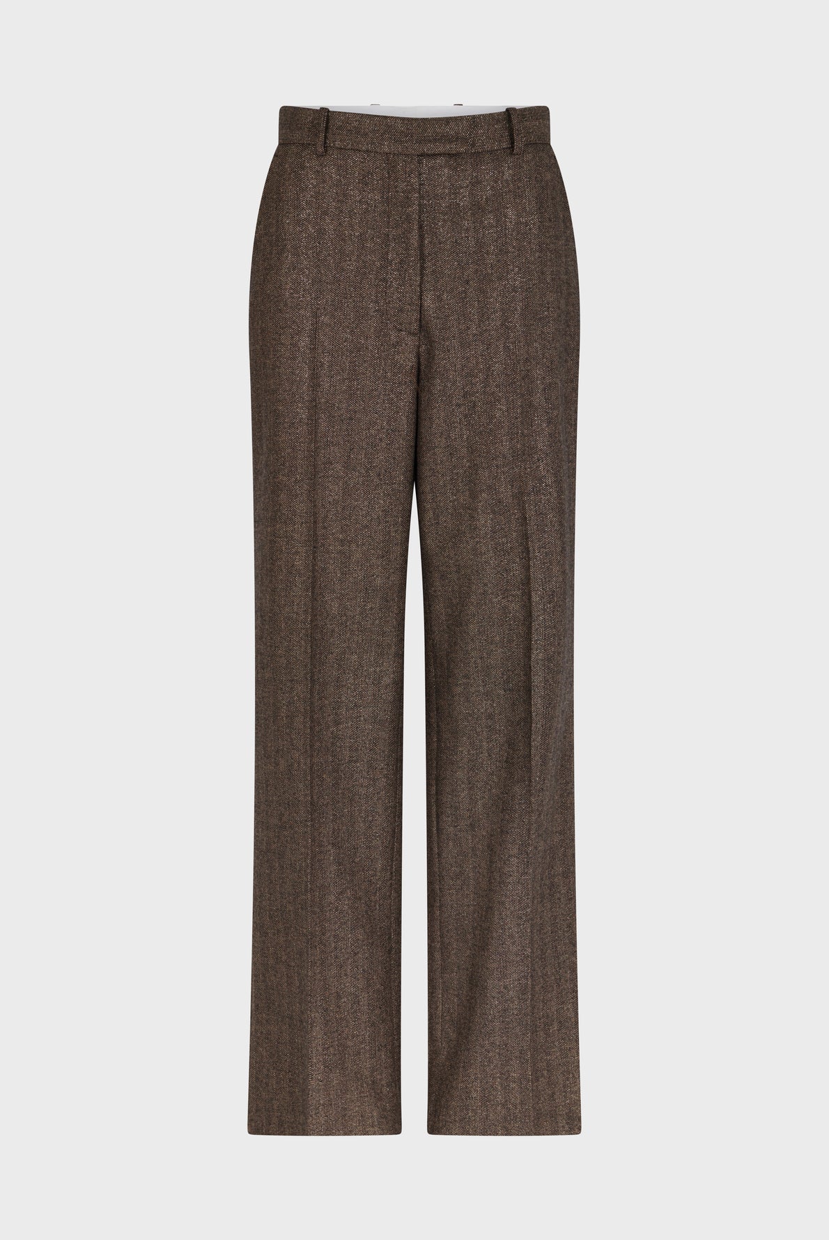 Brown wool trousers with a straight-leg fit, subtle chevrons, belt loops, and a front zipper, displayed against a plain white background.