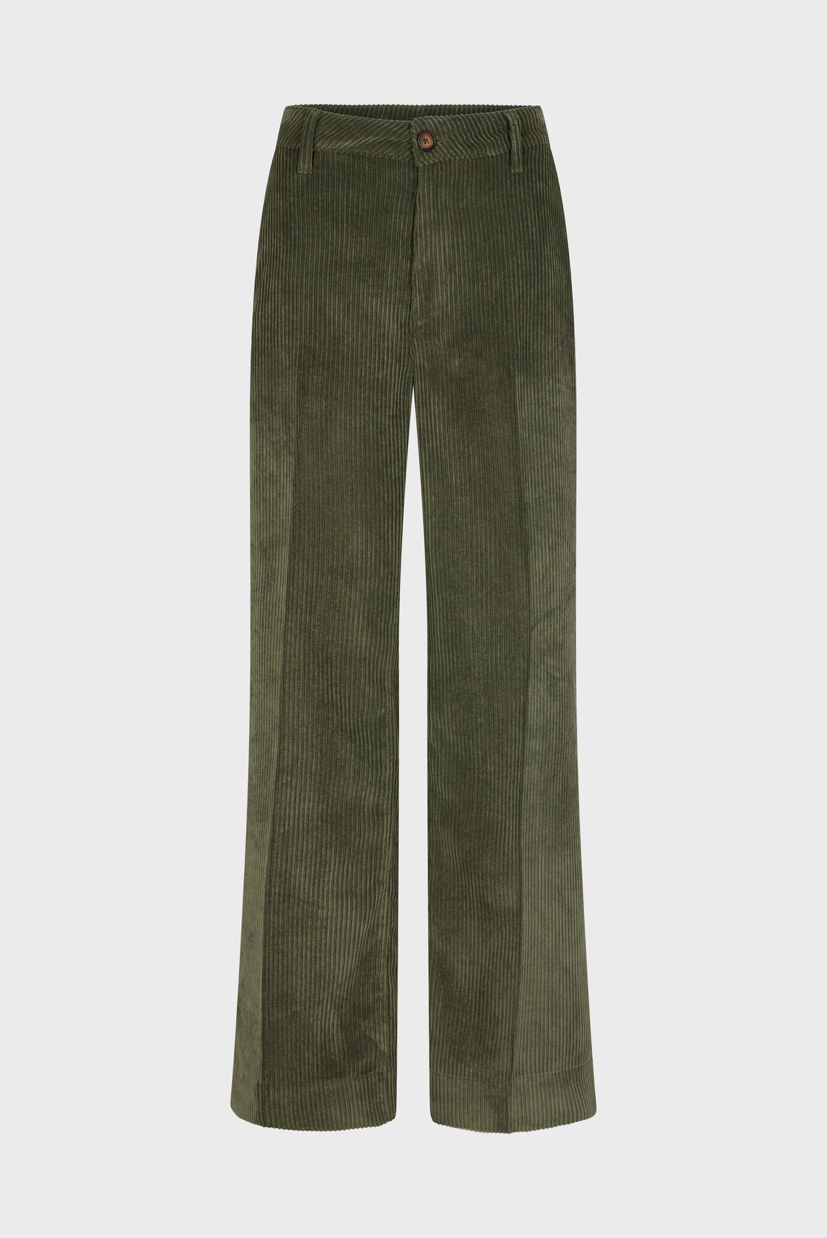 Green corduroy pants with a straight-leg cut, button closure, and belt loops, displayed on a plain white background—perfect as a pantalon femme for those seeking both comfort and style in their everyday look.