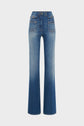 High-waisted blue denim brut jeans with a flared leg, front patch pockets, and a button and zip closure, displayed on a plain white background.
