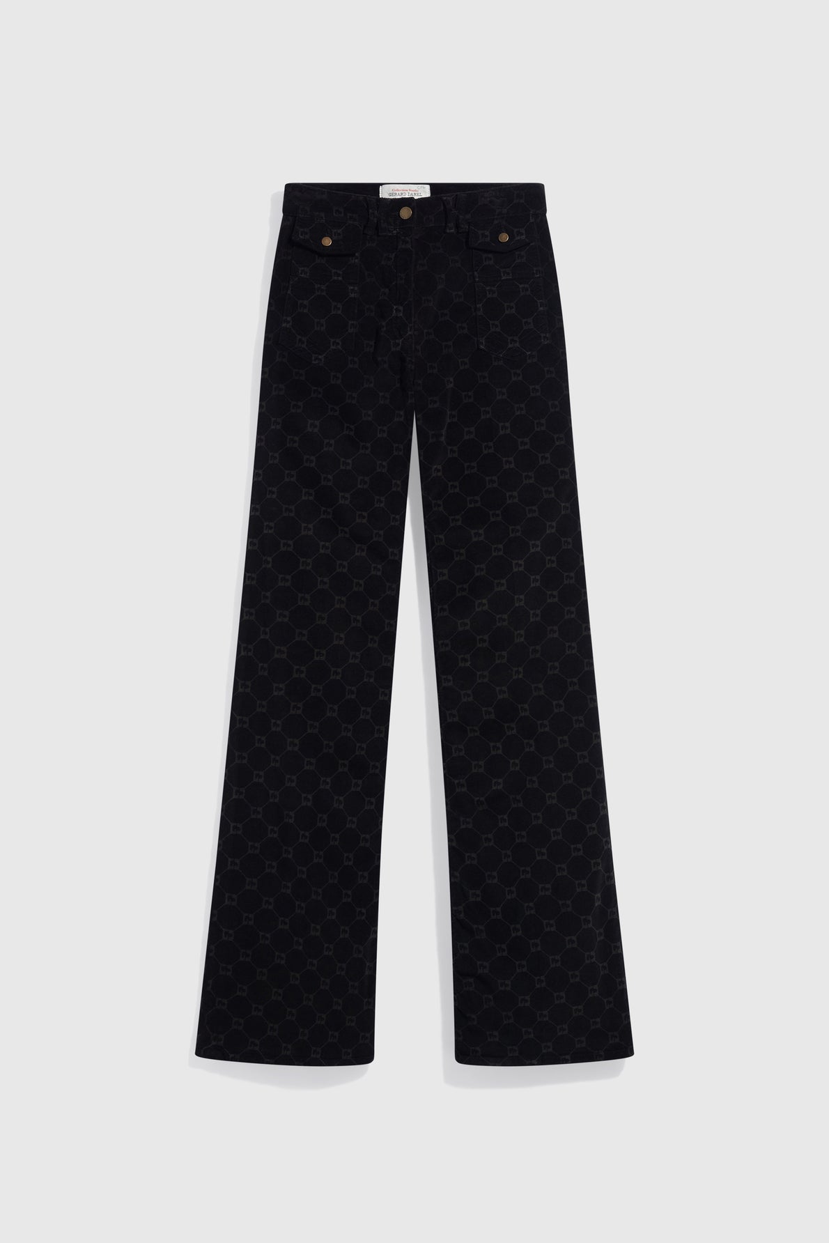 Black, wide-leg jeans with a subtle, all-over motif monogramme pattern, front button, and coin pockets, laid flat on a light gray background.