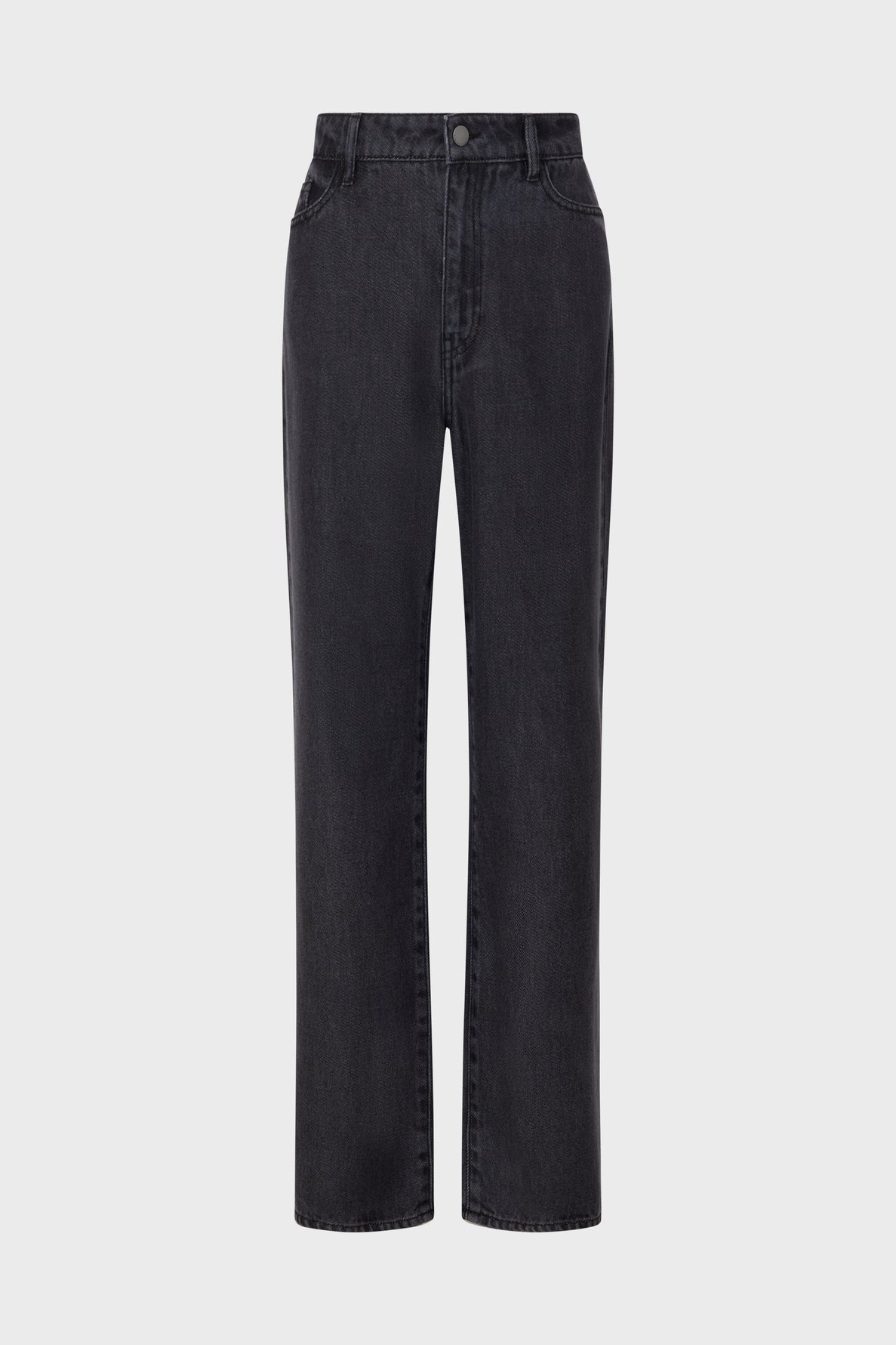 High-waisted, straight-leg black jeans with front and back pockets, belt loops, and a button closure. Jeans are displayed on a plain white background.