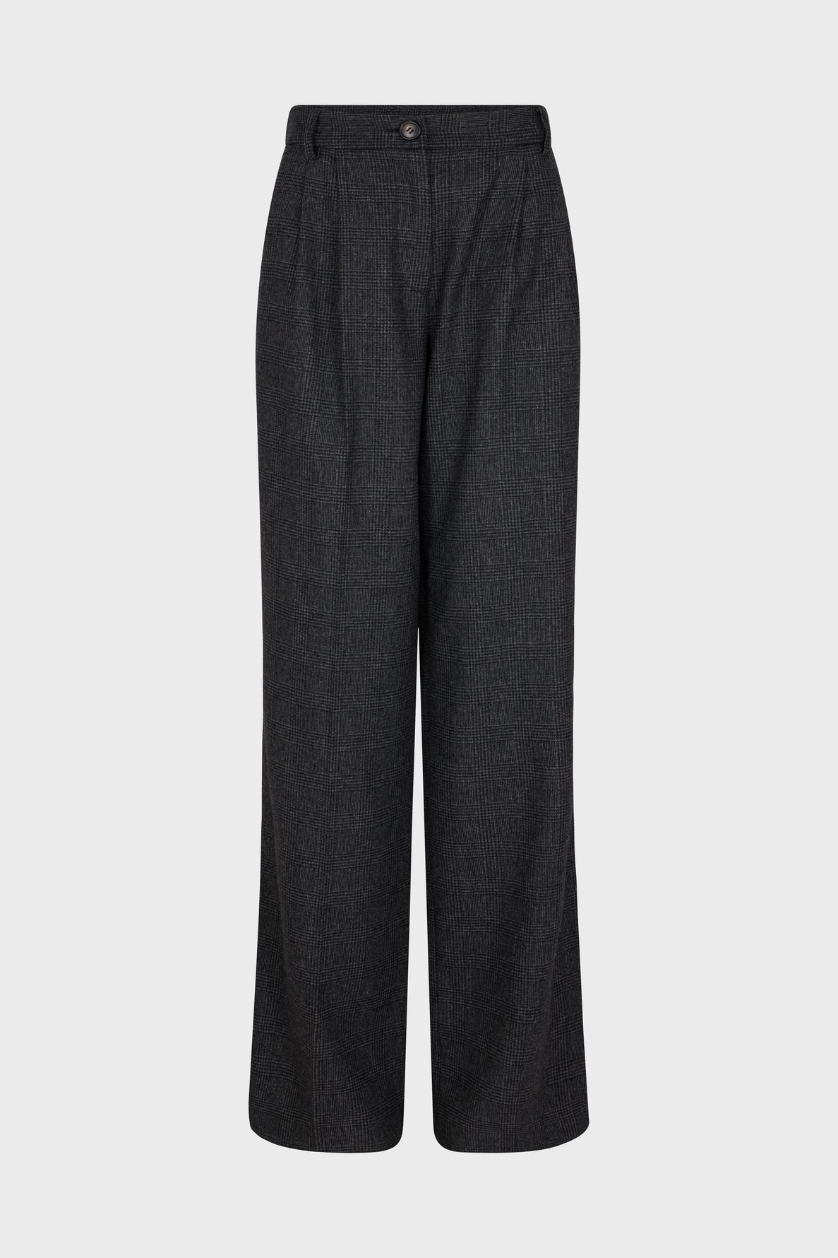 Wide-leg, high-waisted dark gray trousers with a subtle imprimé Prince-de-galles pattern, front pleats, belt loops, and a button closure, featured as part of the collection Studio and displayed against a plain light background.