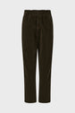 Dark brown corduroy pants with an elastic waistband, straight leg cut, and no visible belt loops or pockets, displayed against a plain light gray background.