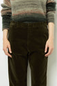 A person wearing dark green corduroy pants and a striped wool sweater stands against a plain background. Only the torso and upper legs are visible; the persons hands rest at their sides.