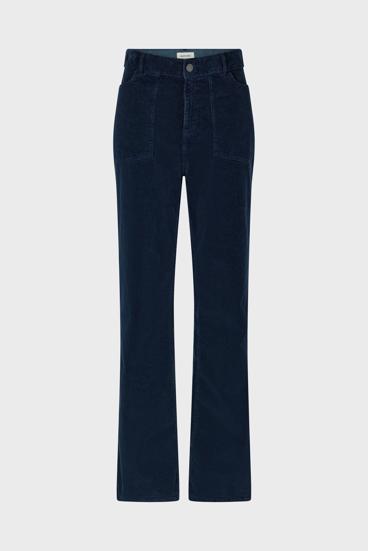 Dark blue corduroy pants with a straight leg cut, large front pockets, and a button closure at the waist, displayed on a plain white background.