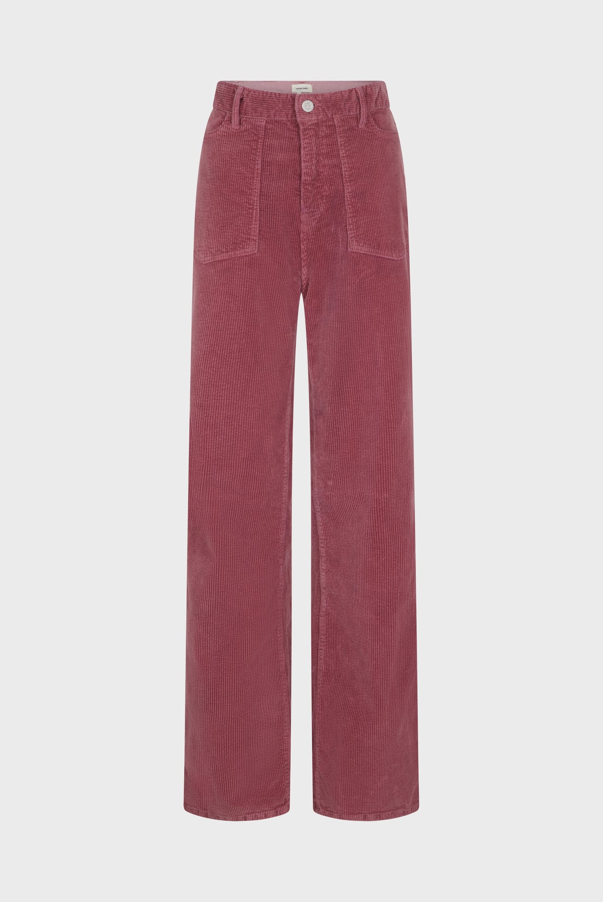High-waisted, wide-leg corduroy pants in a muted red color, featuring front patch pockets and a button closure at the waistband. The pants are displayed against a plain white background.