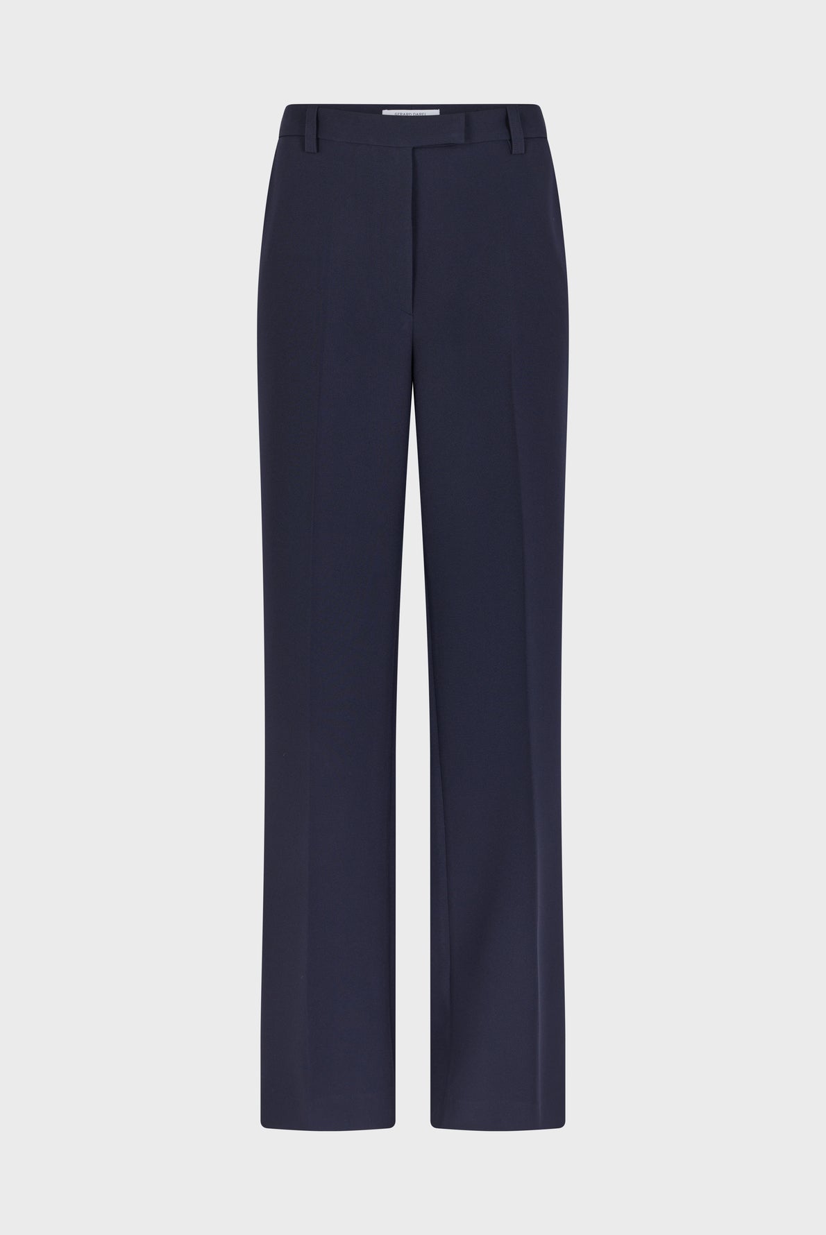 Navy blue pantalon tailleur with a straight-leg cut, made from tissu uni, featuring belt loops and a concealed front closure, displayed against a plain white background.