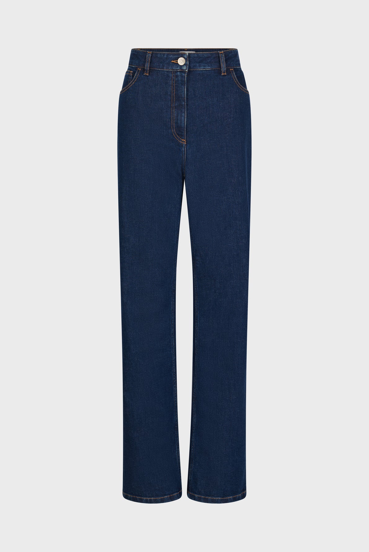 A pair of straight-leg, dark blue denim jeans with front pockets, a button closure, and visible orange stitching, displayed on a plain white background.