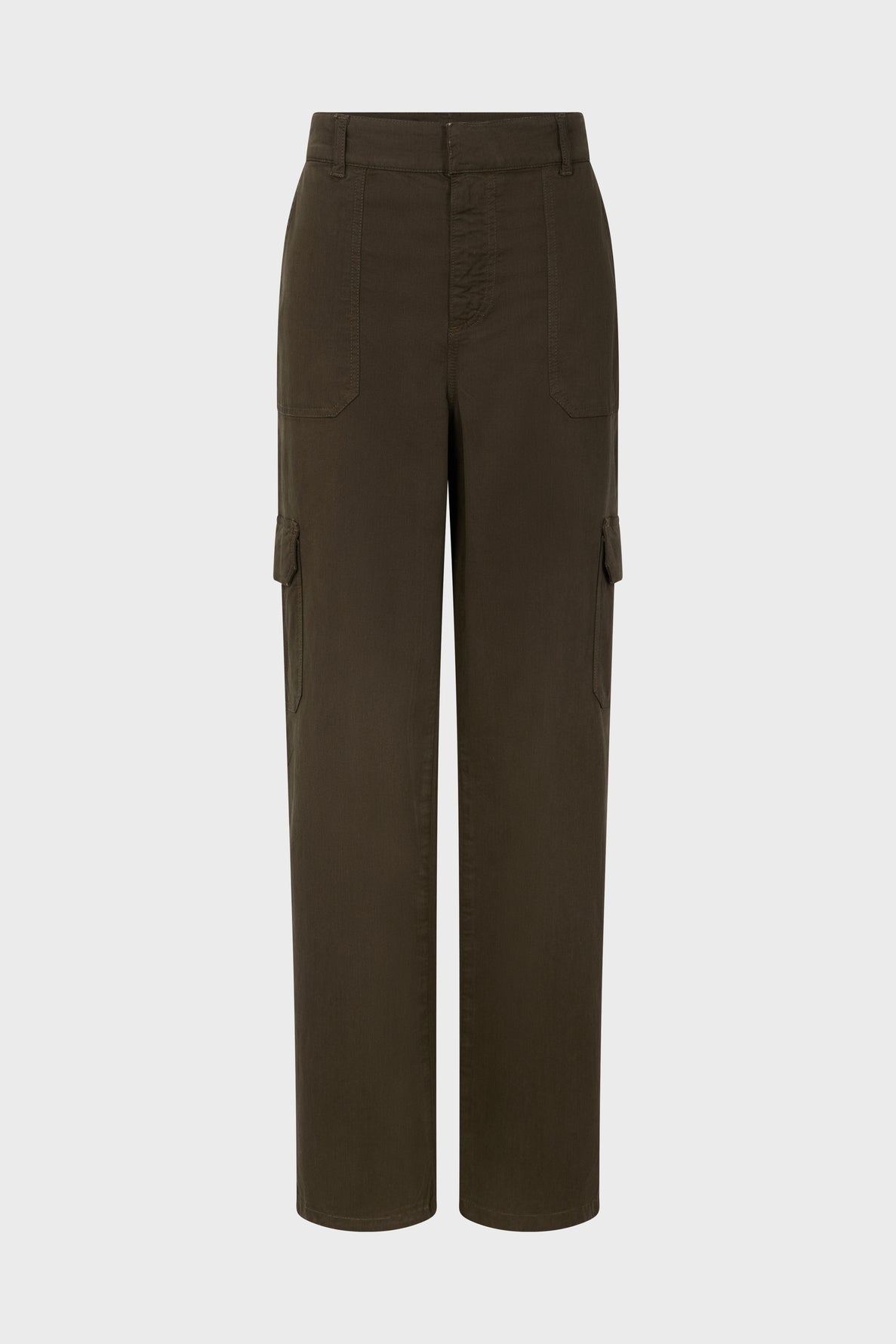 Olive green cargo pants with front patch pockets, side cargo pockets, belt loops, and a straight leg silhouette, displayed on a plain white background.