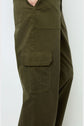 A close-up view of olive green cargo pants, showing a side pocket with a flap and stitched details against a plain background.