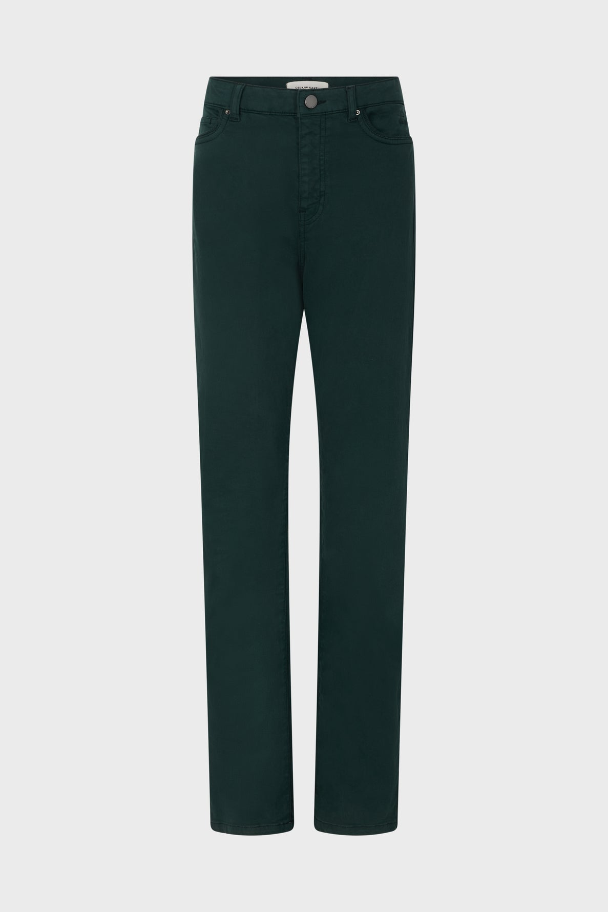 A pair of dark green jean slim straight-leg jeans displayed on a plain white background.