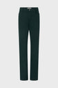 A pair of dark green jean slim straight-leg jeans displayed on a plain white background.