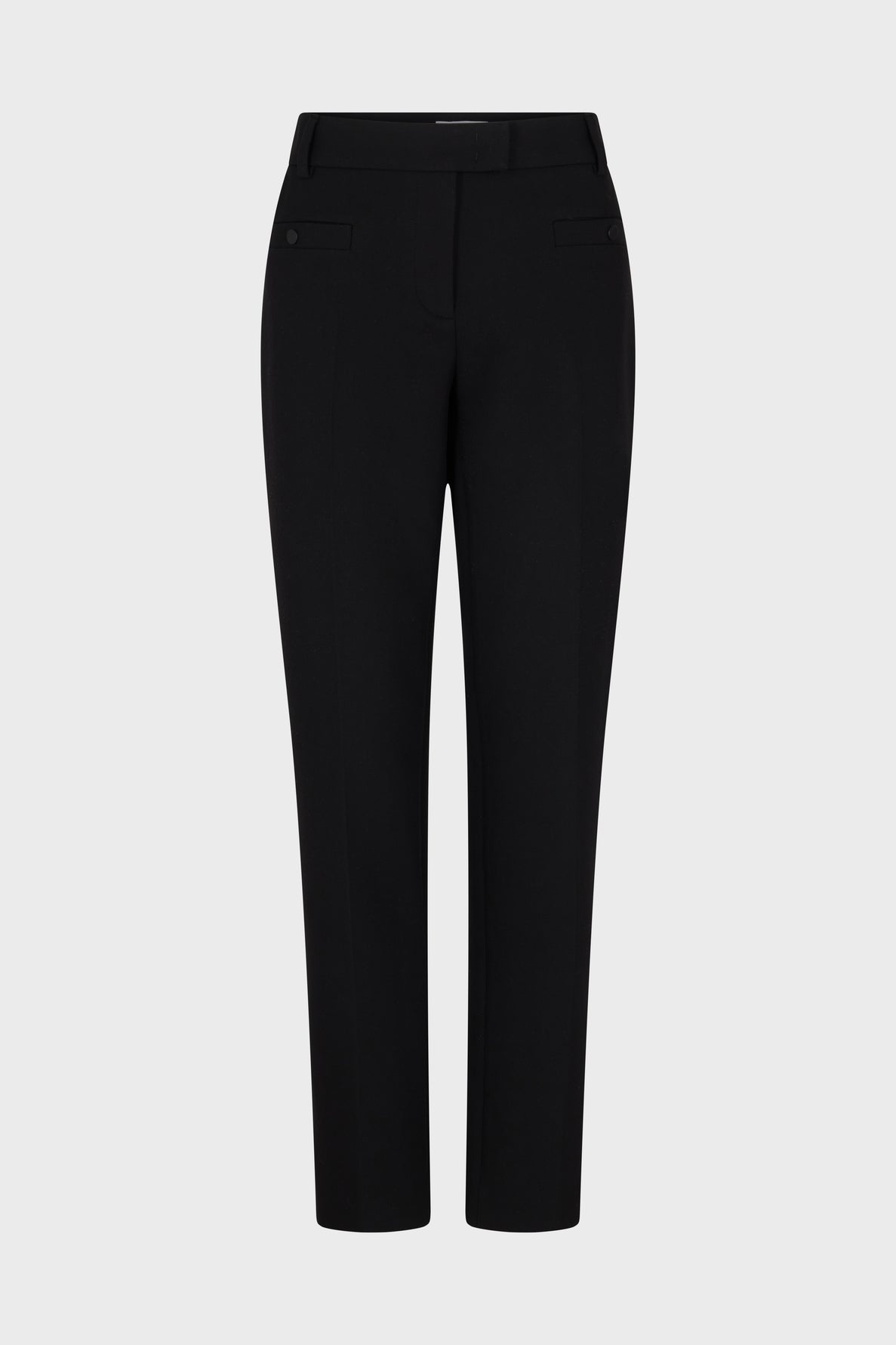 Black tailored straight-leg dress pants with a coupe ajustée, featuring belt loops, front pockets, and a minimalist design, displayed on a plain light gray background. These elegant pantalon femme are perfect for versatile styling.
