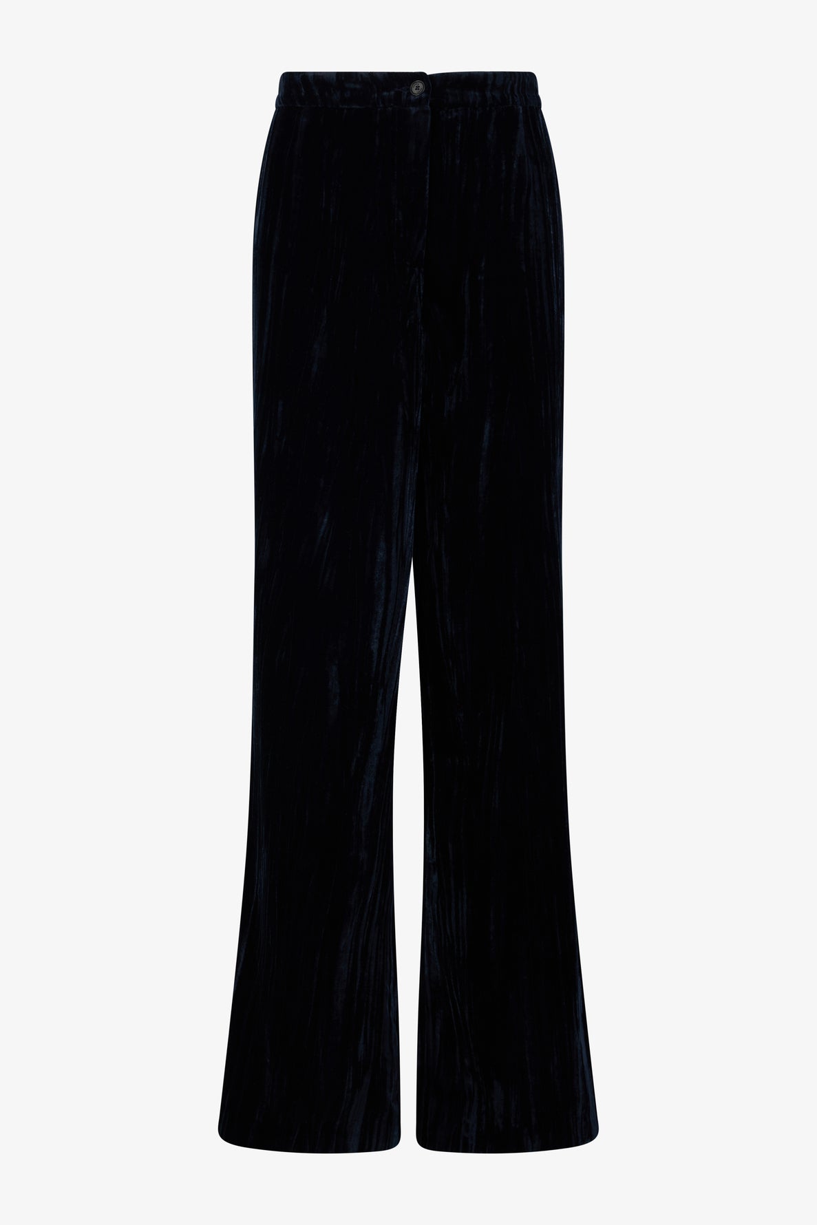 Black velvet wide-leg pants with a high waist and front button closure, crafted from luxurious velours frappé, displayed against a white background.