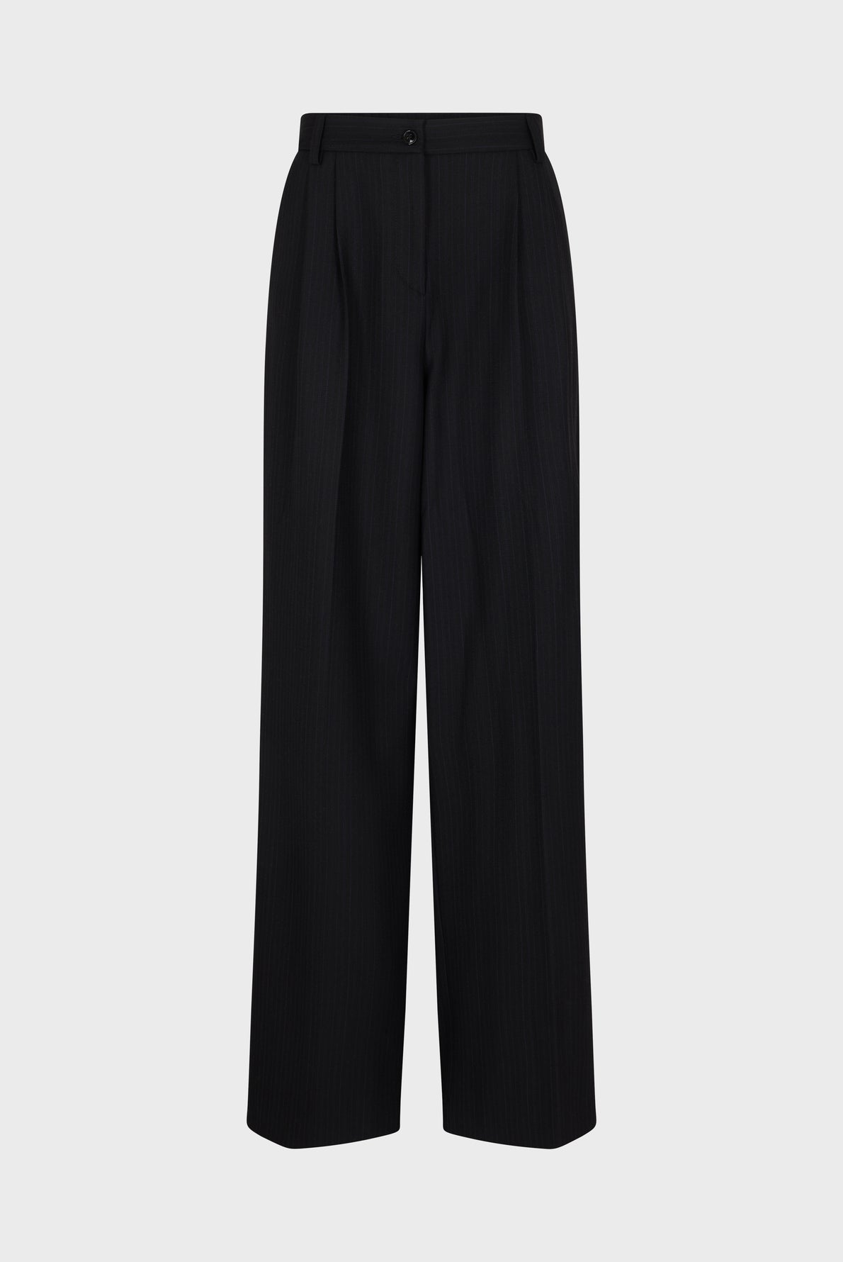 Black, high-waisted, wide-leg dress pants with a button and zip closure, pleated front, and side pockets, displayed on a plain light gray background.