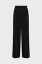 Black, high-waisted, wide-leg dress pants with a button and zip closure, pleated front, and side pockets, displayed on a plain light gray background.