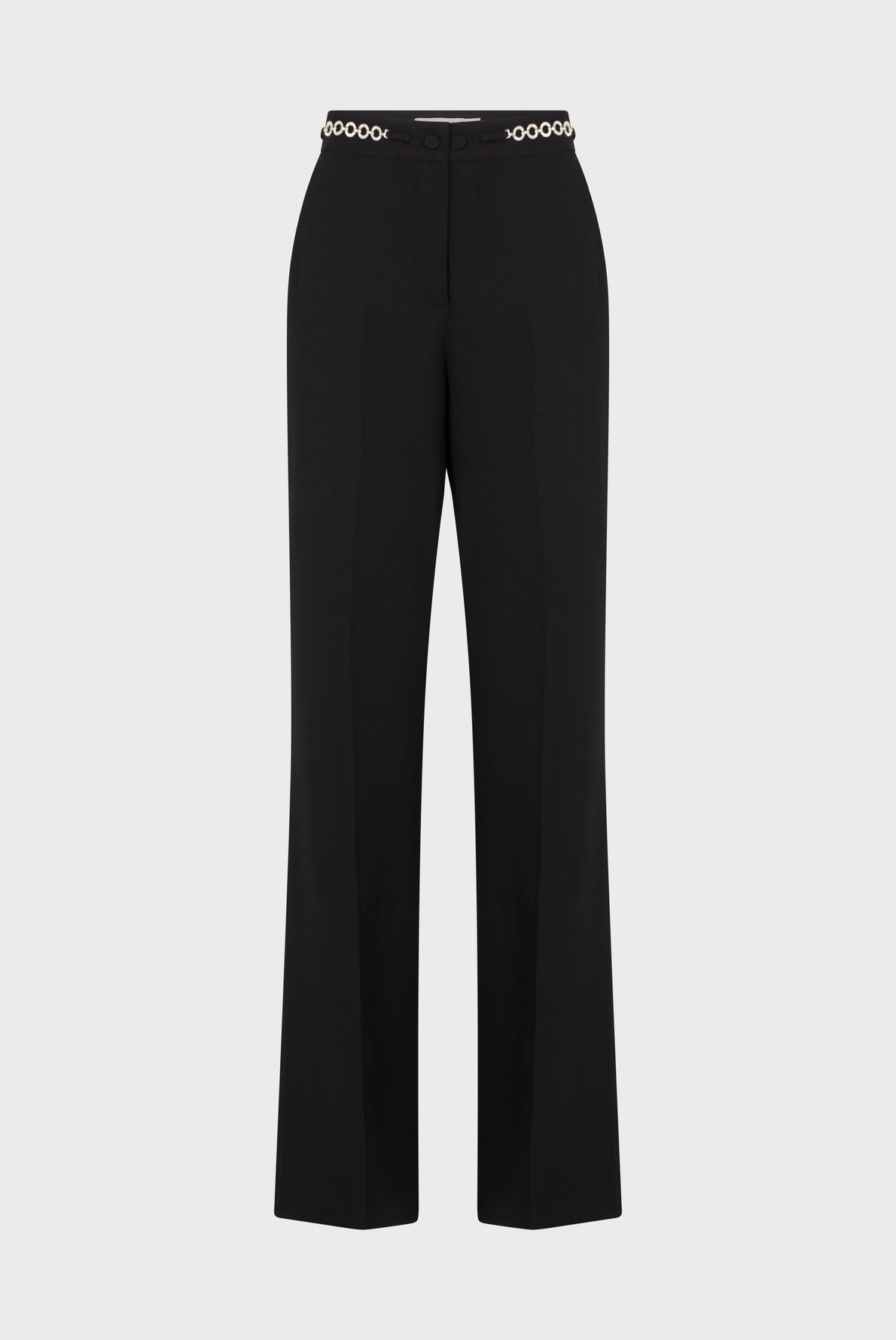 Black tailored womens trousers with a straight leg cut, front crease, and a decorative belt featuring silver eyelets along the waistband, displayed against a plain white background.