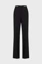 Black tailored womens trousers with a straight leg cut, front crease, and a decorative belt featuring silver eyelets along the waistband, displayed against a plain white background.