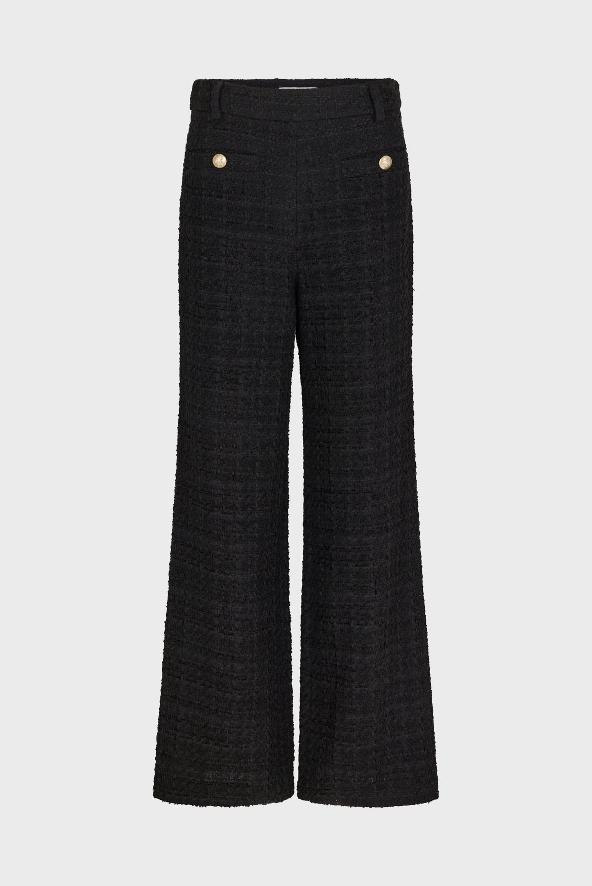 Black textured wide-leg pants with front pockets and gold buttons, displayed on a plain white background.